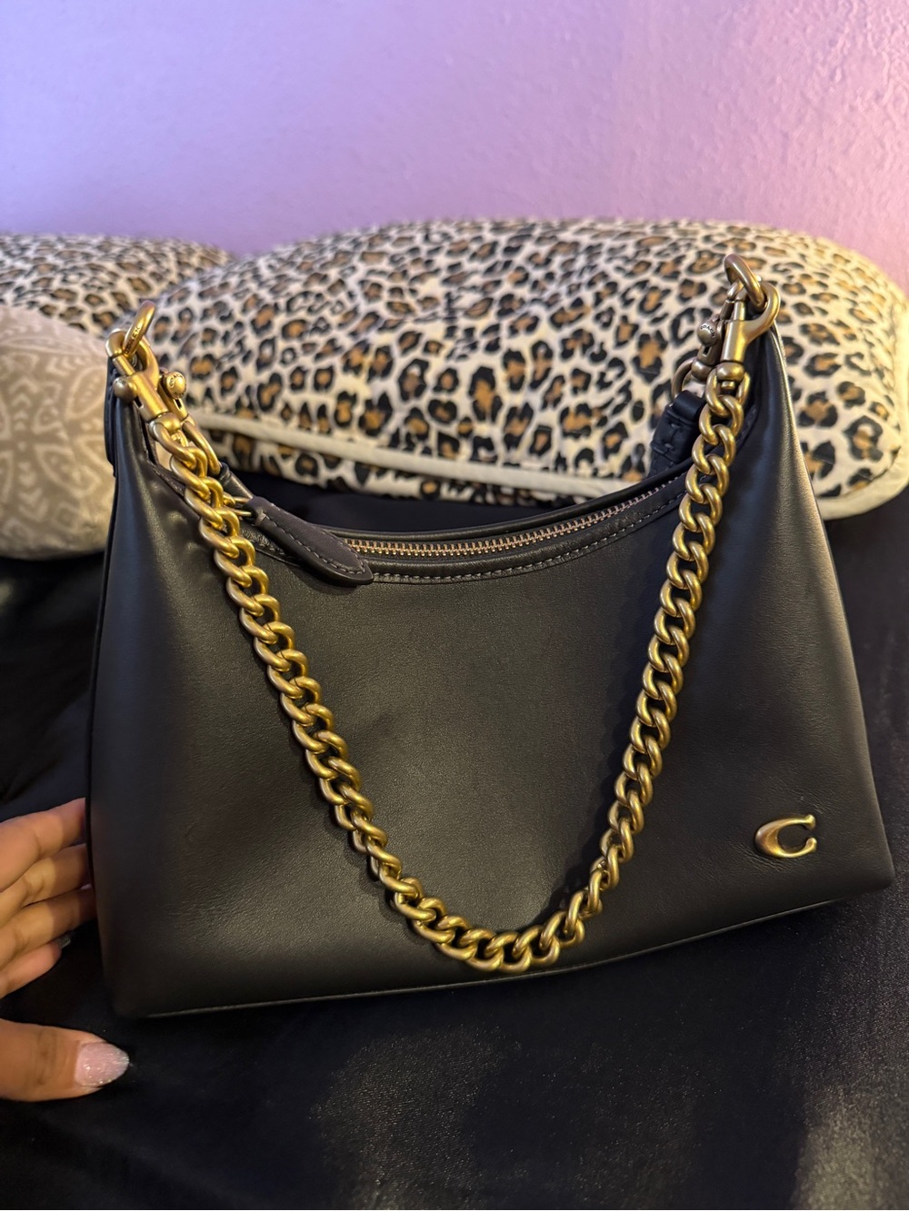 Coach Black Leather Shoulder Bag with Gold Chain